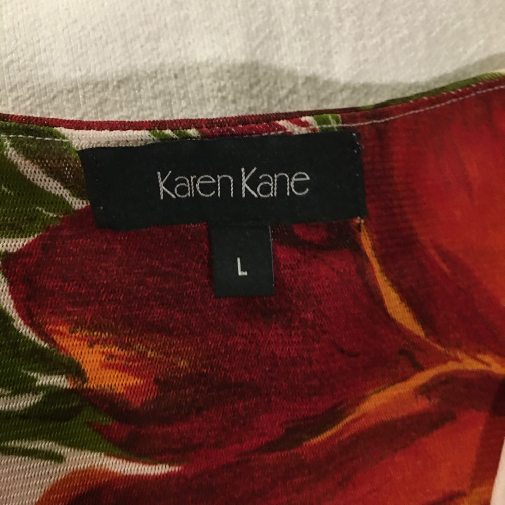 Karen Kane size L sleeveless rust/orange/gold floral blouse, body con, V-Neck - Picture 3 of 6